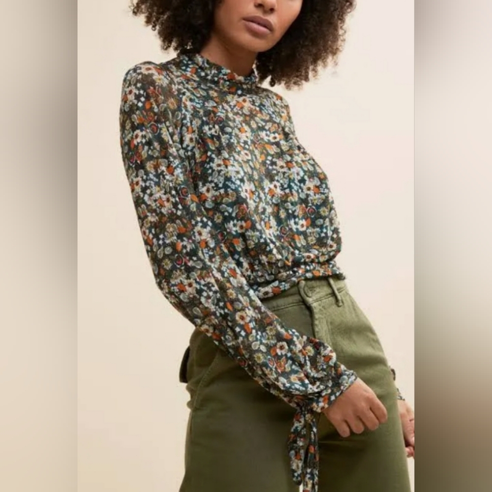 Free People Jade Leaves Floral Long Sleeve Mesh Mock Turtle neck Size Small